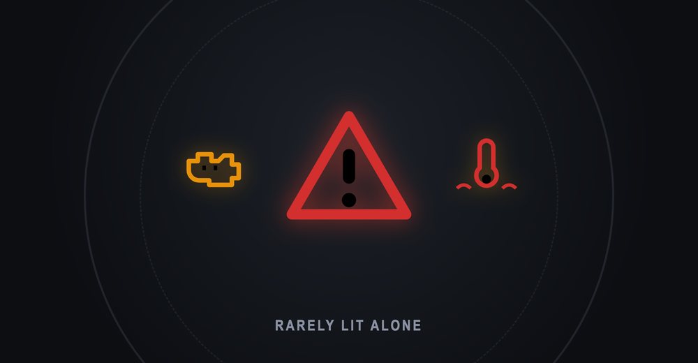 Toyota Prius dashboard at night showing the red triangle master warning light glowing beside the check engine and coolant temperature lights